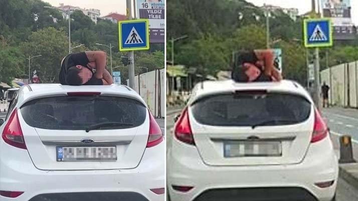 İstanbul’da Şok Görüntü: Otomobilin Üzerinde Uyudu
