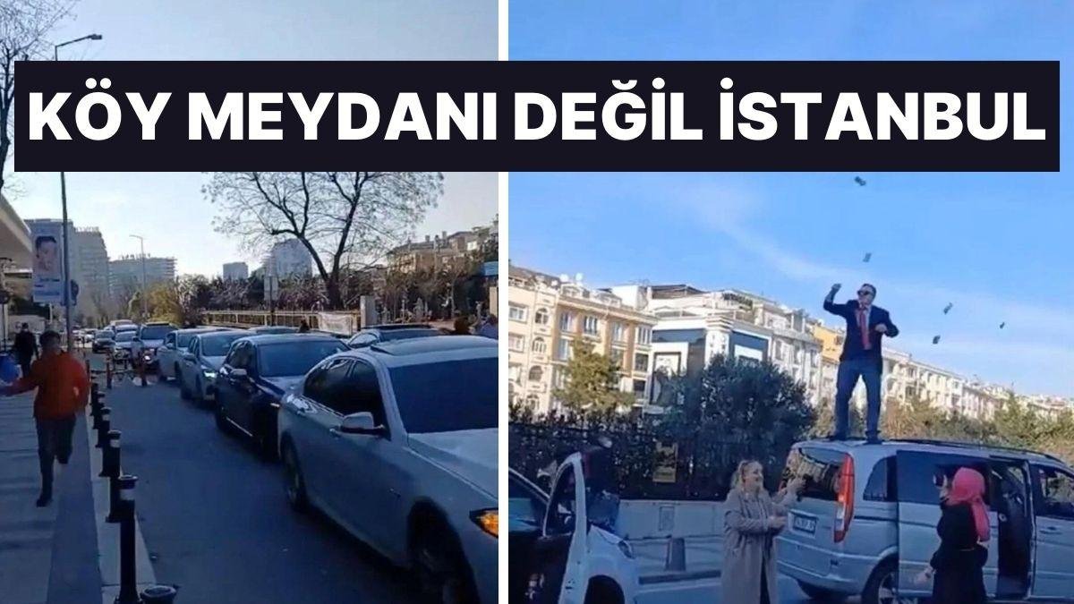İstanbul’dan Sosyoloji Dersi Niteliğinde Görüntüler: Yolu Kesip Aracın Üstünden Para Saçtı