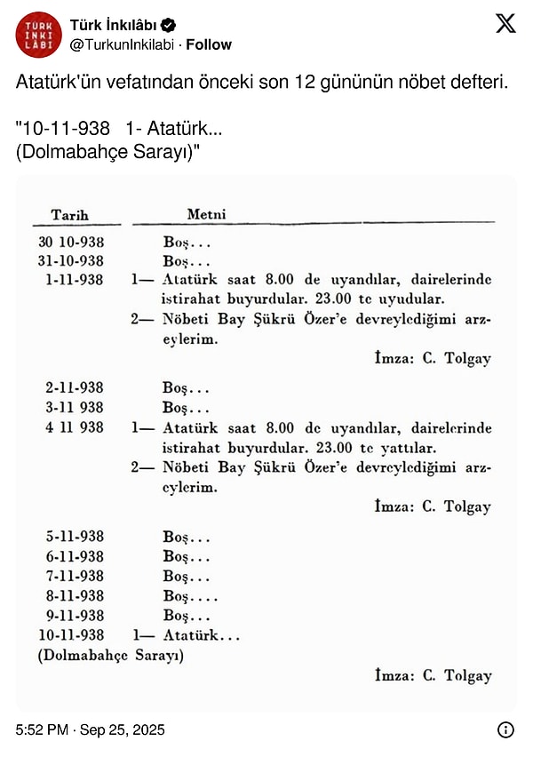 Atatürk’ün Son 12 Günü: 10 Kasım 1938’de Tek 7 Harfli Not