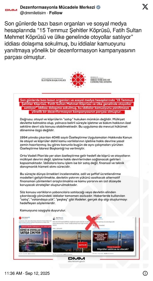 DMM: Boğaz Köprüleri Satılacak İddiası Yalan