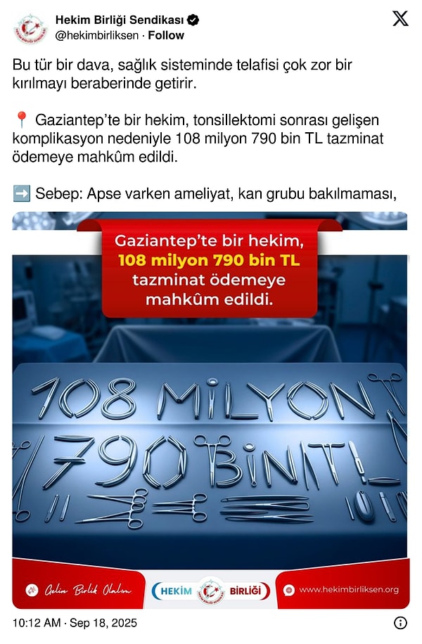 Doktora Verilen 108 Milyon TL Tazminat Cezası: Hekimler ve Avukatlar X’te Karşı Karşıya