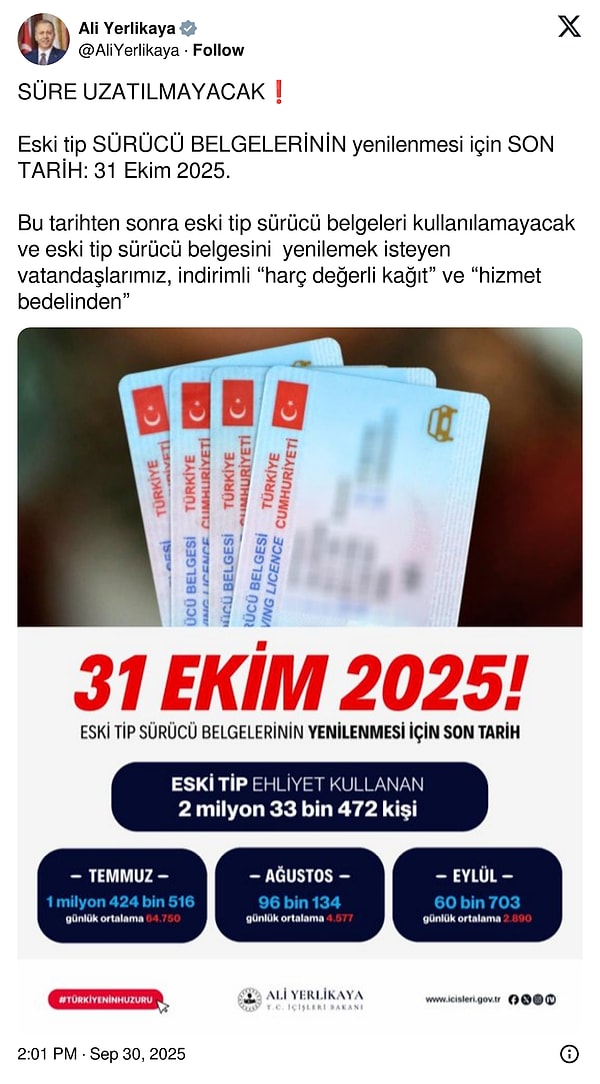 Ehliyet Yenileme Açıklaması: Bir Kez Daha Uzatılmayacak — Bakan Yerlikaya