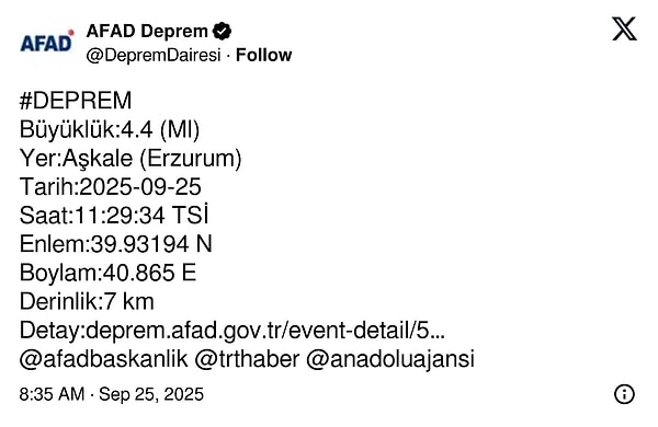 Erzurum’da 4.4 Büyüklüğünde Deprem Gerçekleşti: AFAD Bildirisi