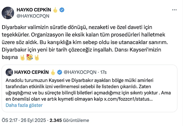 İptal Edilen Hayko Cepki’den Sevindiren Haber: Kayseri ve Diyarbakır Konserleri