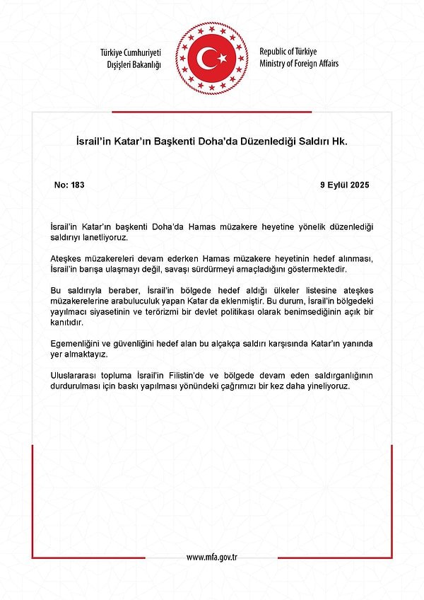İsrail’in Katar’da Hamas’a Saldırısı: Dışişleri’nden Kınama