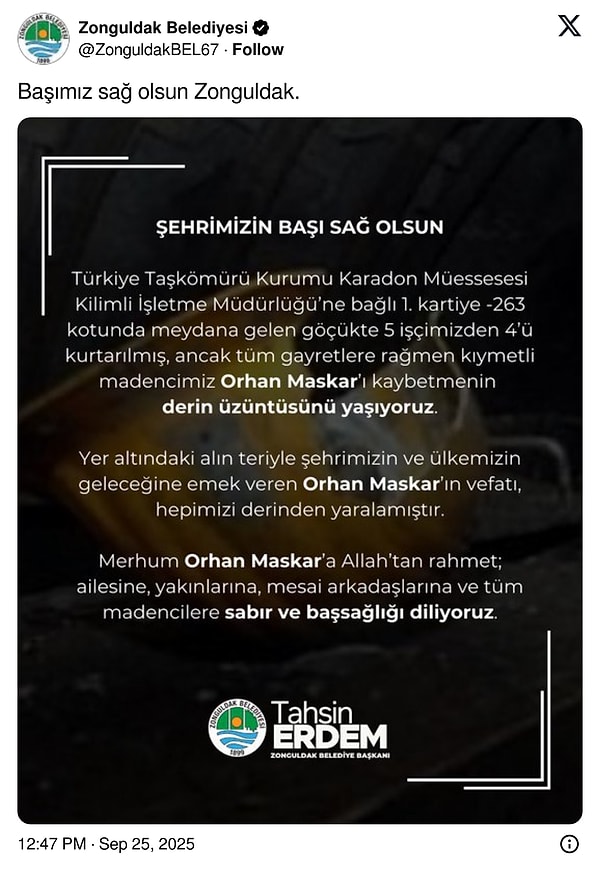 Zonguldak’ta Maden Ocağında Göçük: 1 İşçi Hayatını Kaybetti