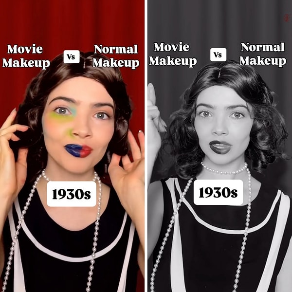 1930'lar Siyah-Beyaz Filmlerde Uygulanan Makyaj Tekniğini Gösteren Modern İçerik Üreticisi