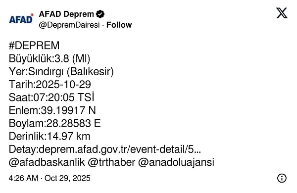 29 Ekim 2025 Son Depremler Listesi: Depremler Var mı?