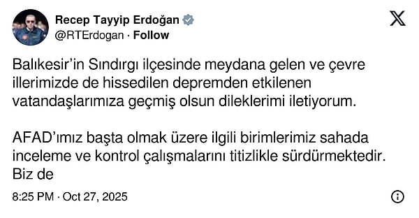 Balıkesir'de ve Birçok Şehirde Hissedilen Deprem Sonrası Cumhurbaşkanı Erdoğan'ın Açıklaması
