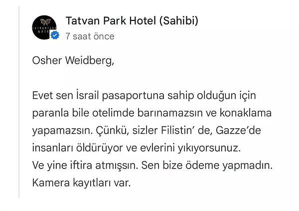 Bitlis’teki Otel, İsrailli Rezervasyonu Kabul Etmedi: Google Yorumlarında Ortaya Çıkan Olay
