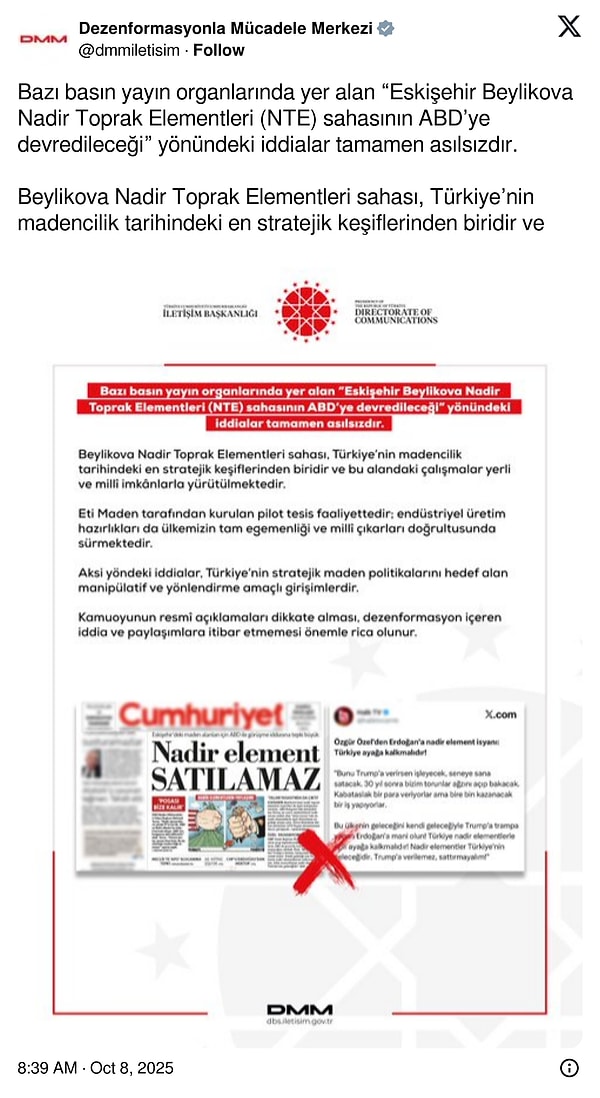 DMM: Nadir Elementler Satılacak İddiası Yalan