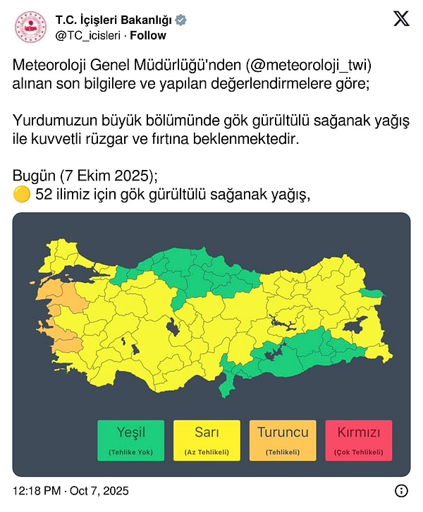 İçişleri Bakanlığı Uyarısı: 56 İlde Kodlu Yağış