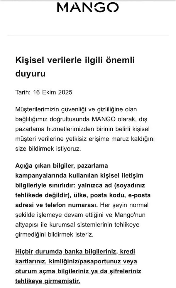 Mango: Siber Saldırıyla Kişisel Verilerinin Çalındığını Açıkladı