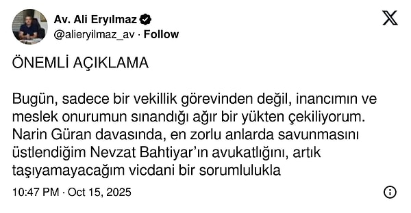 Nevzat Bahtiyar Davasında Avukat Ali Eryılmaz Çekildi: Vicdani Sorumluluk