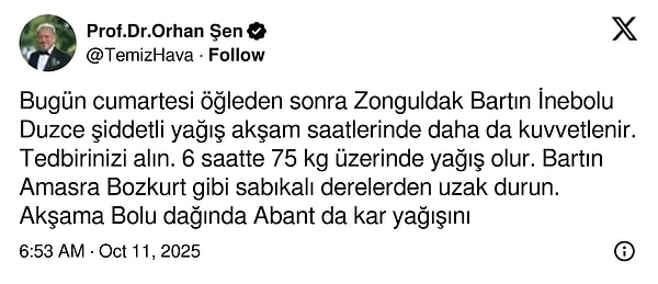 Orhan Şen: Şiddetli Yağış ve Kar Görülen İller