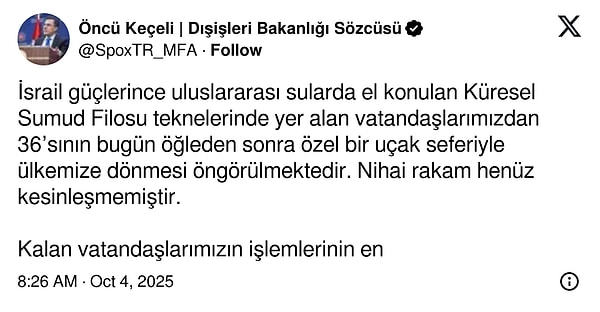 Sumud Filosundaki Türkler Hakkında Dışişleri Bakanlığı Sözcüsü Açıklaması