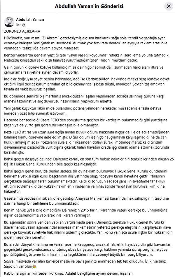 Yeni Şafak Tepkisi Yargıtay 11. Hukuk Dairesi Başkanı Abdullah Yaman’a Artıyor