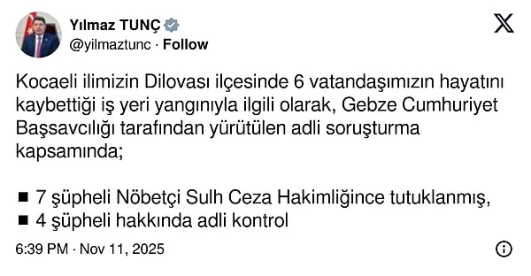 Adalet Bakanı: Kocaeli Yangını Hakkında Açıklama ve 7 Şüpheli Tutuklama