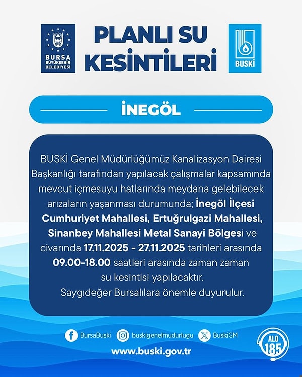 Bursa’da 10 Günlük Planlı Su Kesintisi