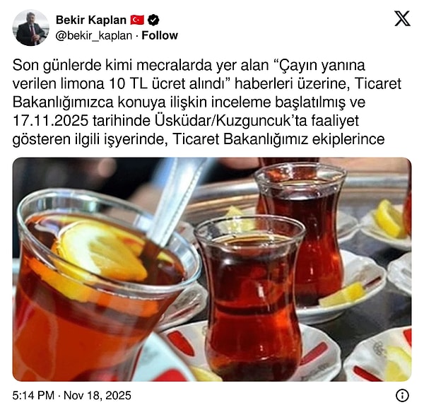 Çay Yanında Limon İçin 10 TL: Bakanlık Cezası