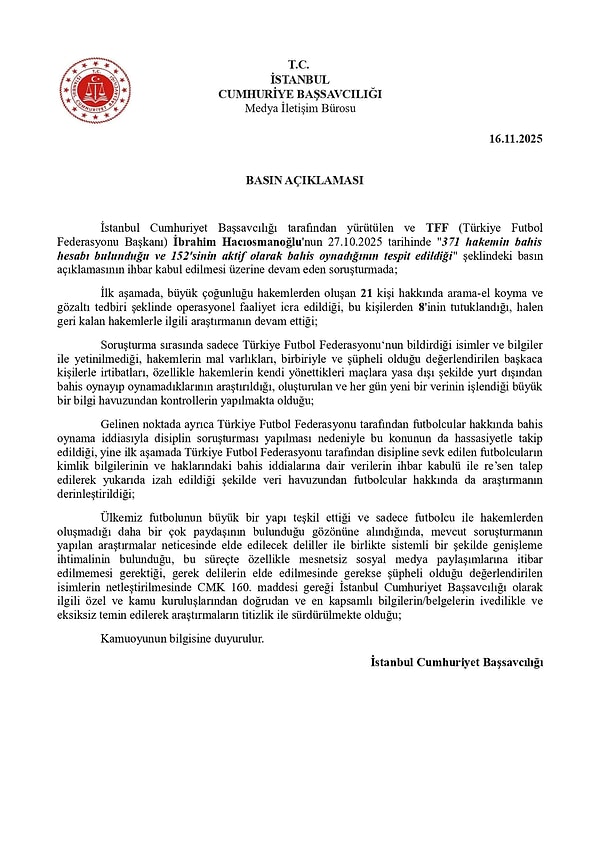 İstanbul Cumhuriyet Başsavcılığı: Bahis Soruşturması Genişliyor