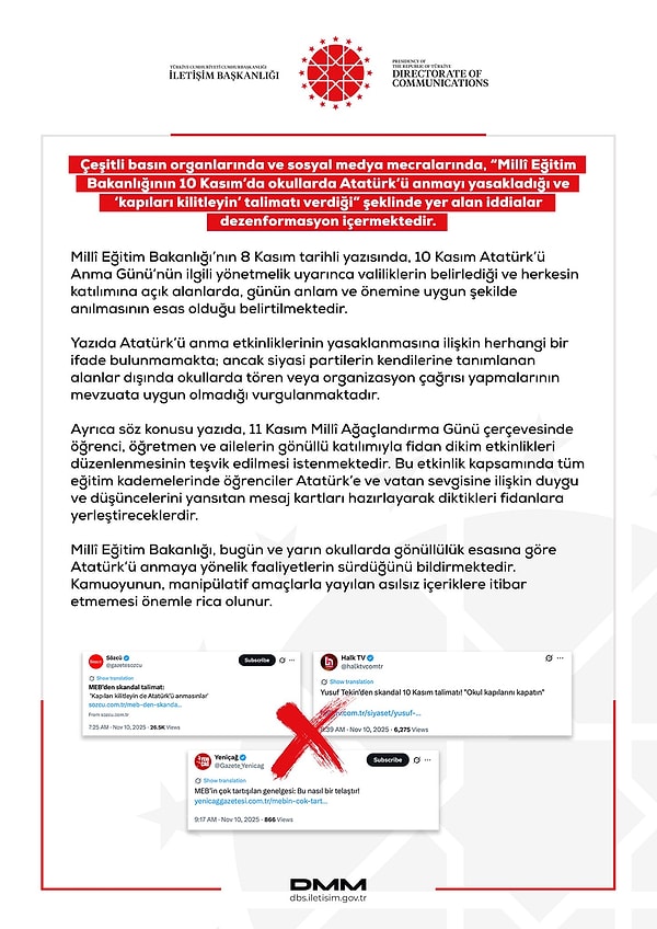 MEB'den 10 Kasım Kapıları Kilitleyin Talimatı Yalanlaması