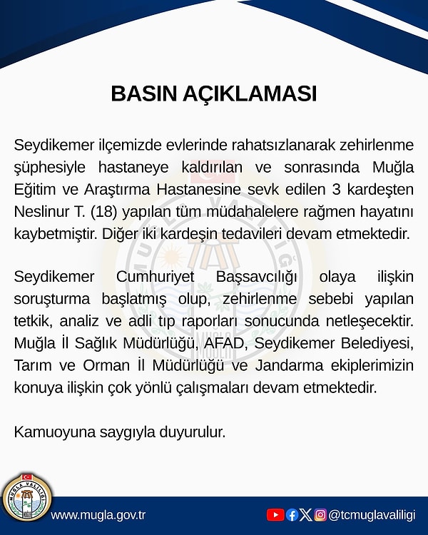Muğla’da Gıda Zehirlenmesi Faciası: Üç Kardeşten Biri Hayatını Kaybetti