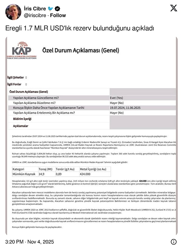 Sivas’ta 13 Ton Altın Rezervi Keşfi: Ereğli Demir ve Çelik’ten KAP Açıklaması