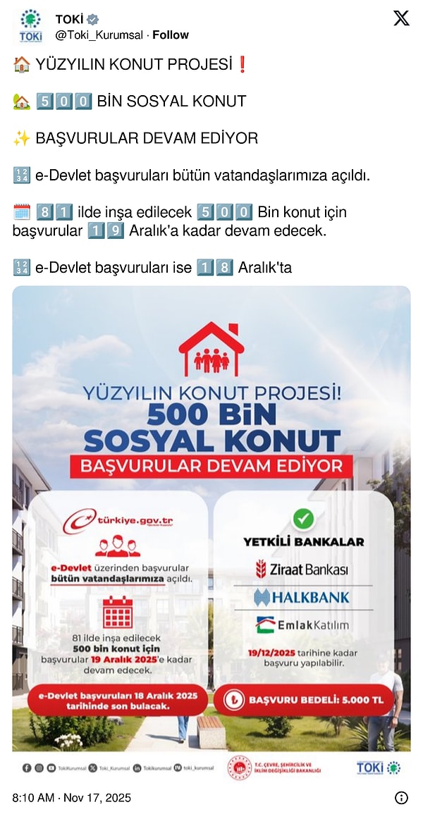 TOKİ 500 Bin Konut Başvurusu Ne Zaman Biter? Başvuru Son Tarihi