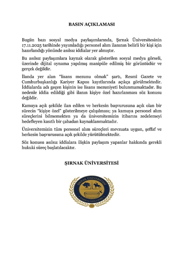 Şırnak Üniversitesi Rektör Kardeşi İçin Hazır İlan: Prosedür Kadro Benim İçin